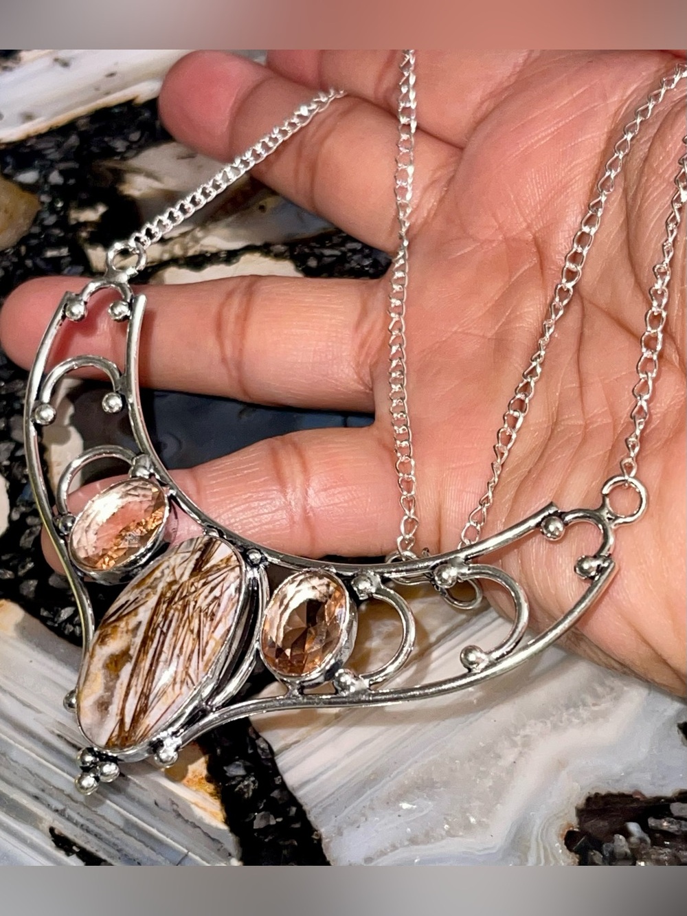 Needle-liked Petrified Wood Necklace